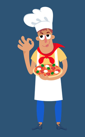 Cute pizzaiolo chef with neopolitan pizza in cartoon style. Character for postcards, books, posters. Vector illustration, isolated icon on background. Vector illustrationのイラスト素材