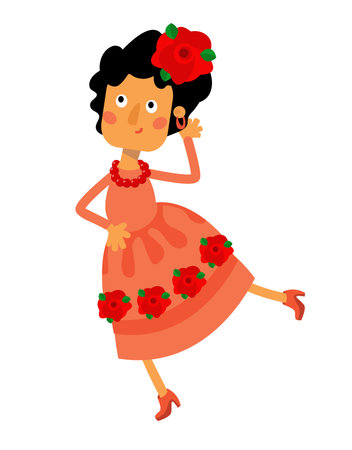 Cute flamenco dancer in cartoon style. Spanish girl in dress. Character for postcards, books, posters. Vector illustration, isolated icon on white background. Vector illustrationのイラスト素材
