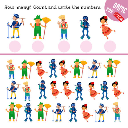 How many. Count and write the numbers. Professions and tools. Puzzle for children. Activities, vector illustration. Cute characters from different professions in cartoon style. . Vector illustrationのイラスト素材
