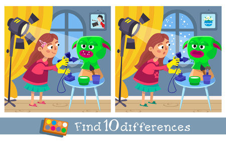 Find 10 hidden differences. Educational game for kids. Puzzle in cartoon style. Cute girl artist sculpts and paints monster mask for film. Vector illustration. Vector illustrationのイラスト素材