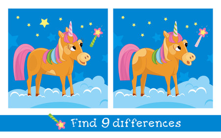 Find 10 hidden differences. Educational game for children. Cartoon style puzzle game. Cute unicorn, horse animal, pony on magic clouds. Vector illustration. Vector illustrationのイラスト素材