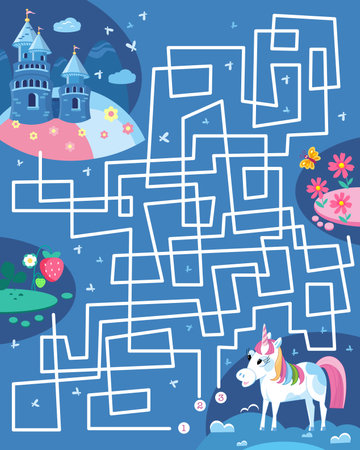 Maze for children. Puzzle for kids. Help unicorn to get to castle with towers. Cute cartoon characters. Vector illustration. Vector illustrationのイラスト素材
