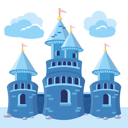 Coloured castle, building for king, queen, princess. Old medieval building with towers. Vector illustration in cartoon style for design. Vector illustrationのイラスト素材