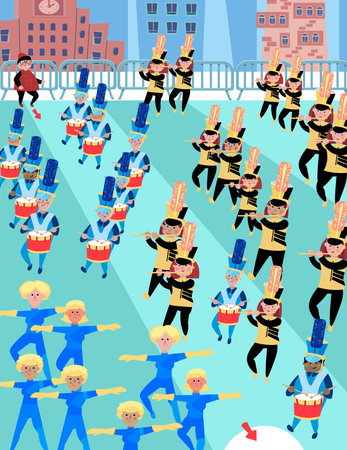 Maze for children. Puzzle for kids. Parade with band in the city. Help the parade leader get to the other side of the square. Cute cartoon characters. Vector illustration. Vector illustrationのイラスト素材