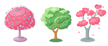 Easter willow tree with buds in spring. Green tree with branches and leaves in summer. Vector illustration set, isolated on white background. Vector illustrationのイラスト素材