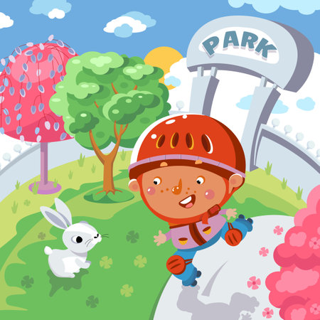 Cute boy skates on roller skates on path in park. Sport and children. Rabbit sitting on grass. Vector cartoon illustration scene for design. . Vector illustrationのイラスト素材