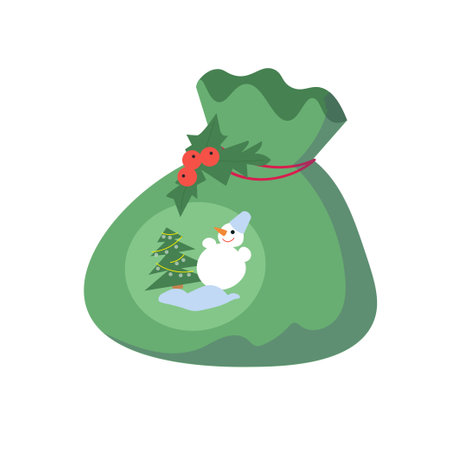 Green decorated Santa Claus gift bag with holly. Snowman and fir trees in winter. Vector cartoon illustration. Isolated objects on white background for design. . Vector illustrationのイラスト素材