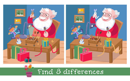 Find 8 differences. Game for children. Cute Santa Claus makes gifts. Christmas workshop with furniture, objects. Vector cartoon illustration. . Vector illustrationのイラスト素材