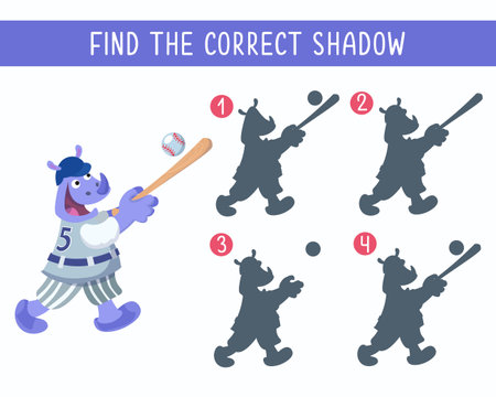 Find correct shadow. Puzzle game for children. Cute rhino with bat playing baseball. Vector cartoon illustration. Funny character. Vector illustrationのイラスト素材
