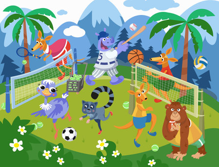Cute animals playing sports. Balls, rackets, nets. Sports games on the playground. Vector cartoon scene. Funny animals in sports suits. Vector illustrationのイラスト素材