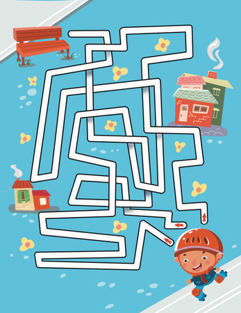 Maze game, activity for children. Help the boy on roller skates get to the bench to rest. Sports and children. Funny puzzle with cartoon character. High quality photoの写真素材