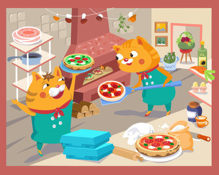 Cute pizzaiolo cats with pizza on shovel. Cartoon funny characters, scene for design. Food and professions. Vector illustration for children. . Vector illustrationのイラスト素材