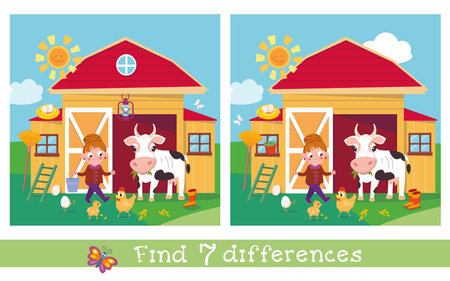 Cute children farmers and animals. Find 7 differences. Educational puzzle game for children. Cartoon funny characters. Vector illustration for kids. Vector illustrationのイラスト素材