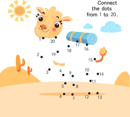 Cute cartoon one-humped African camel with load on back in desert. Flat stylised character for design. Vector illustration. Vector illustration. Vector illustrationのイラスト素材