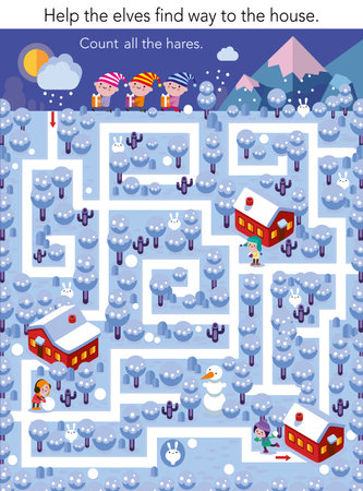 Educational maze game for children. Help elves find way. Count for kids. Christmas puzzle vector illustration. Vector illustrationのイラスト素材