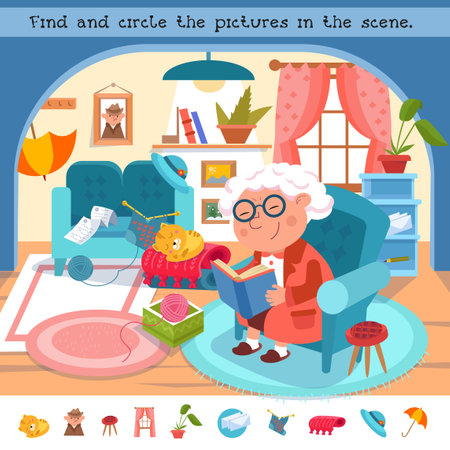 Find the hidden objects in the picture. Educational puzzle game for children. Cute cartoon grandmother with a book. Vector color illustration. Scene for design. Elderly woman at her home. Vectorのイラスト素材