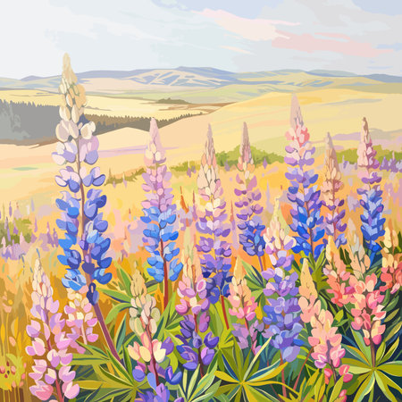 Field of flowers. Multicoloured lupine. Art illustration for design. Texas and symbols. Vector stylised illustration. Vector illustrationのイラスト素材
