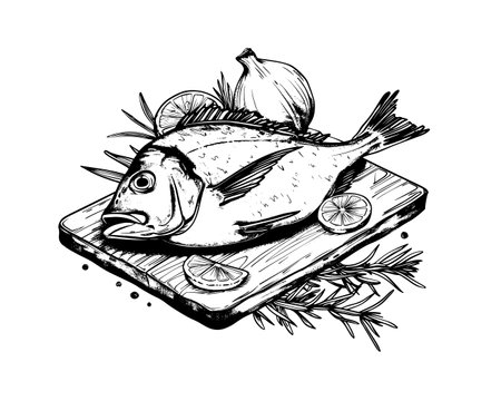Dorada fish on a board with rosemary. Food. Black and white outline. Vector illustration. Vector illustrationのイラスト素材