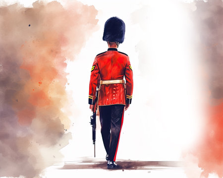 Guardsman of royal palace. Beefeater. People of London. Watercolour isolated illustration on white background. Postcard for travellers. High quality photoの素材