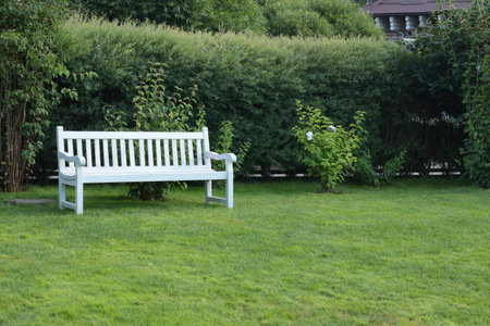 White painted wooden bench in park. Nature and recreation. Country estate in summer. . High quality photoの写真素材