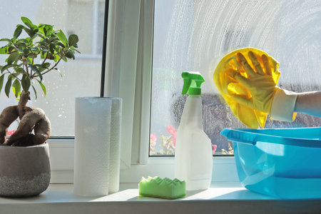 Woman wearing rubber gloves washing window in house. Cleaning and cleanliness, detergents. . High quality photoの写真素材