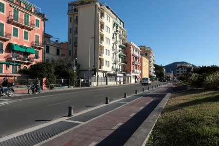 Sestri Levante, Italy - November 14, 2024. Traditional buildings and street on sunny day. Tourism and recreation. Ecologically clean nature. . High quality photoの写真素材