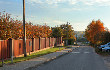 Autumn and yellow, orange deciduous trees outside in village. Landscape, background for design. Nature and lifestyle. . High quality photoの写真素材