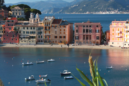 View from rock on sea, Bay of Silence, fishing cove, Italy. Tourism and recreation. Ecologically clean nature. Traditional old buildings. Historical center. High quality photoの写真素材