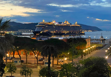 Cruise ship sails into port at dawn in La Spezia, Italy. Vacation and tourism. Vacation and travel by sea. . High quality photoの写真素材