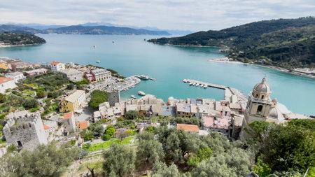 Traditional buildings. Boats in town of Porto Venere, Liguria. Sea and tourism in Italy. Nature in mountains. . High quality photoの写真素材
