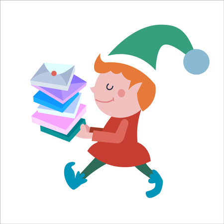 Elf with letters for Christmas. New Year Eve and winter holidays. Set of isolated children illustrations on white background. Stylized image for greeting card. Vector illustrationのイラスト素材