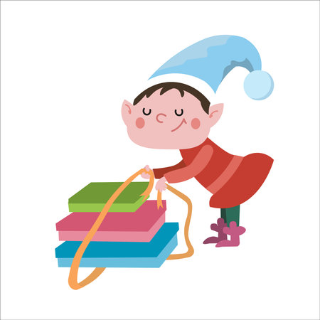 Elf getting ready for Christmas. New Year Eve and winter holidays. Set of isolated children illustrations on white background. Stylized image for greeting card. Vector illustrationのイラスト素材