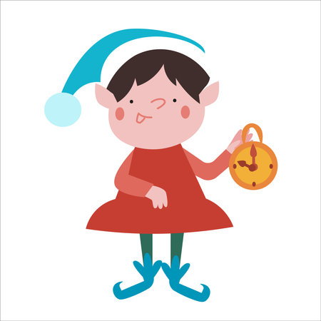 Elf getting ready for Christmas. New Year Eve and winter holidays. Set of isolated children illustrations on white background. Stylized image for greeting card. Vector illustrationのイラスト素材