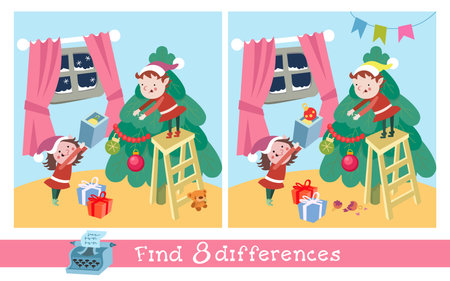 Find 8 differences. Game for children. Elves decorate Christmas tree with toys. Hand-drawn vector illustration. Vector illustrationのイラスト素材