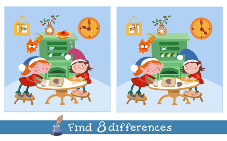 Find 8 differences. Game for kids. Elves making cookies for Christmas. Hand drawn vector illustration. Vector illustrationのイラスト素材