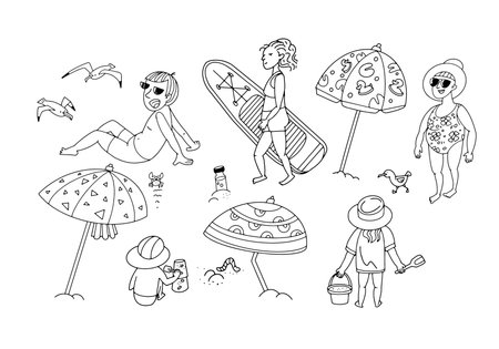 People on beach in summer. Black and white doodle illustration. Contoured, isolated illustration for design on white background. Vector illustrationのイラスト素材