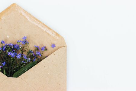 Little cute blue forget-me-nots in a Kraft paper envelope, selective focus. Beautiful bouquet of...