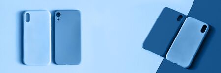Banner silicone cases for your smartphone on blue background. Protective silicone cases for phone....