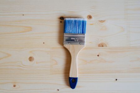 Synthetic brush to apply paint on any surface. Brush with blue bristles. The brush rests on a wooden surface.の写真素材