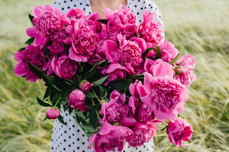 A huge bouquet of pink peonies. Flowers close-up.の写真素材