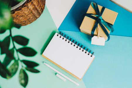 A gift box, a room flower, a notebook for records and a pen lie on a light background. Abstract background of blue, white and green.の写真素材