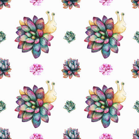 A watercolor snail with a shell in the form of a bright succulent.の写真素材
