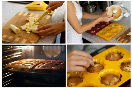 Collage of four images. The process of making homemade cupcakes with banana.の写真素材