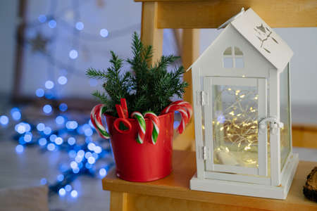 Red pot with Christmas ledins and juniper twigs. Red clothespin with Christmas tree. White little house garland with warm light. Blue bokeh in the background.の写真素材