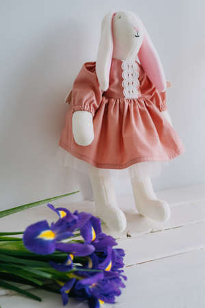 A stuffed rabbit toy in a pink cotton dress with lace. A toy rabbit sits in a wooden box with purple irises.の写真素材