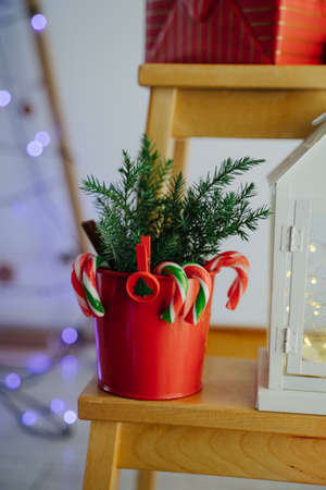 Red pot with Christmas ledins and juniper twigs. Red clothespin with Christmas tree. White little house garland with warm light. Blue bokeh in the background.の写真素材