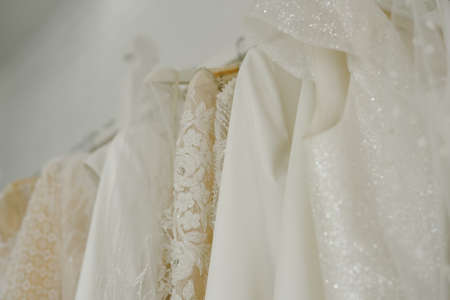 Wedding salon with designer dresses. Beautiful designer dresses.
