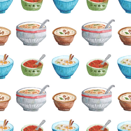 Watercolor seamless pattern with soup plates. Hand drawn illustration.の写真素材