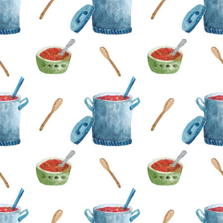Watercolor seamless pattern with a blue saucepan and soup plates on a white background. Hand drawn illustration.の写真素材