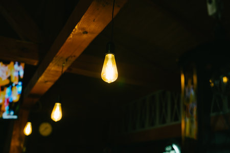 Retro lighting in the coffee shop. Vintage garland.の写真素材